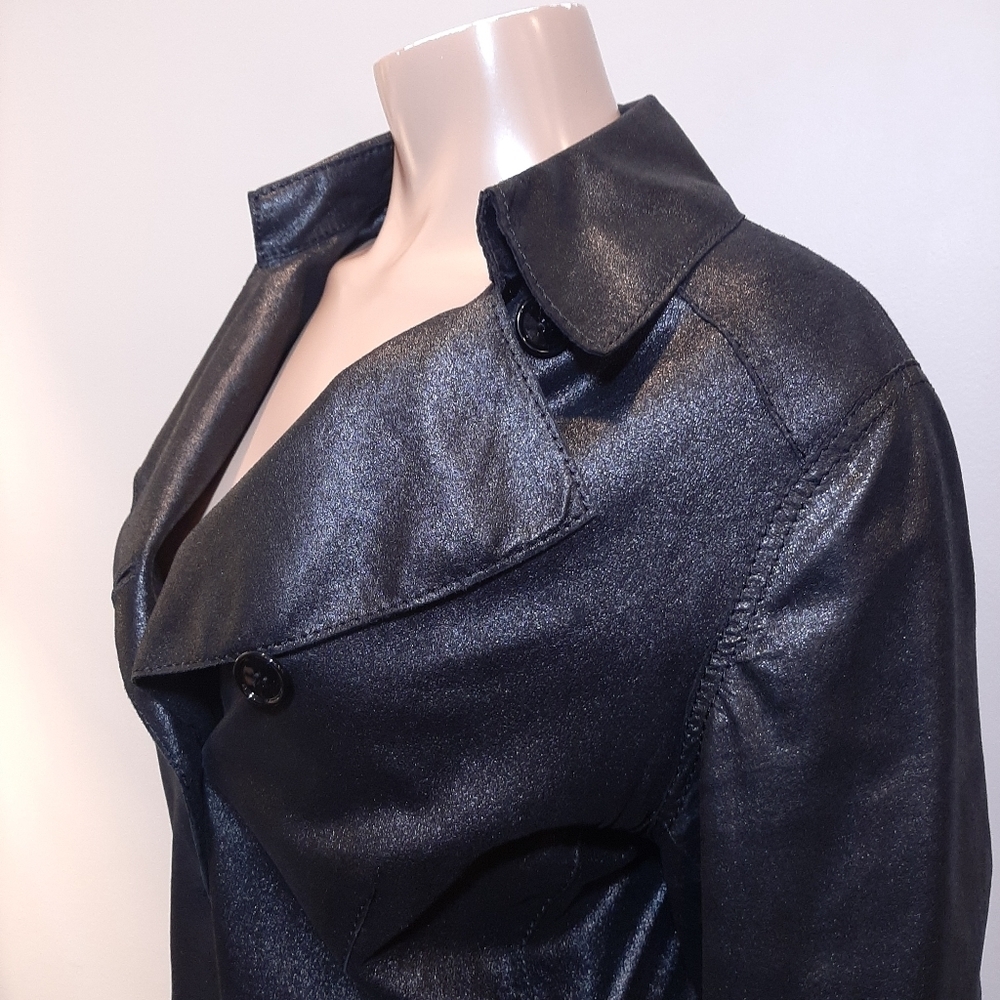 Anne Klein Coated Geniune Leather Jacket Moto Style Single Breasted Black Medium - Picture 7 of 15